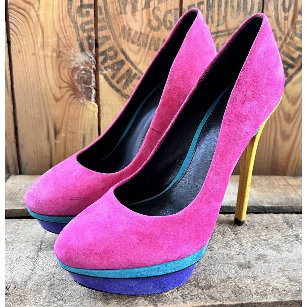Brian Atwood Pink Suede Platform Pumps with Turquoise, Purple and Yellow Accents